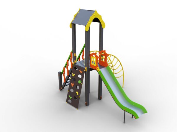 Дитячий ігровий комплекс на дерев'яному брусі призначений для ігрових та фізичних вправ на відкритому повітрі. Склад комплексу: вежа