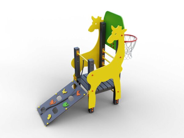 Спортивно-ігровий комплекс "Жираф" розрахований на діток дошкільного та молодшого шкільного віку. Основна функція комплексу- мотивація та зацікавлення малечі до фізичного розвитку . Гірка складається з вежі у вигляді жирафа