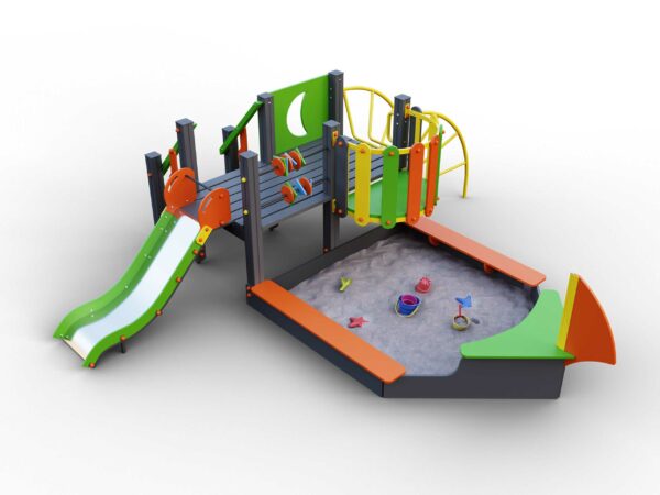 Дитячий комплекс "Корабель" поєднує у собі пісочницю та ігровий комплекс з гіркою та драбинкою. Комплекс буде у центрі уваги будь якого майданчику.