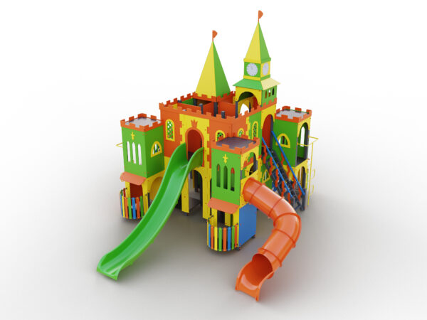 Дитячий ігровий комплекс являє собою модульну конструкцію стилізовану під королівський замок. Він допомагає дітям розвивати силу